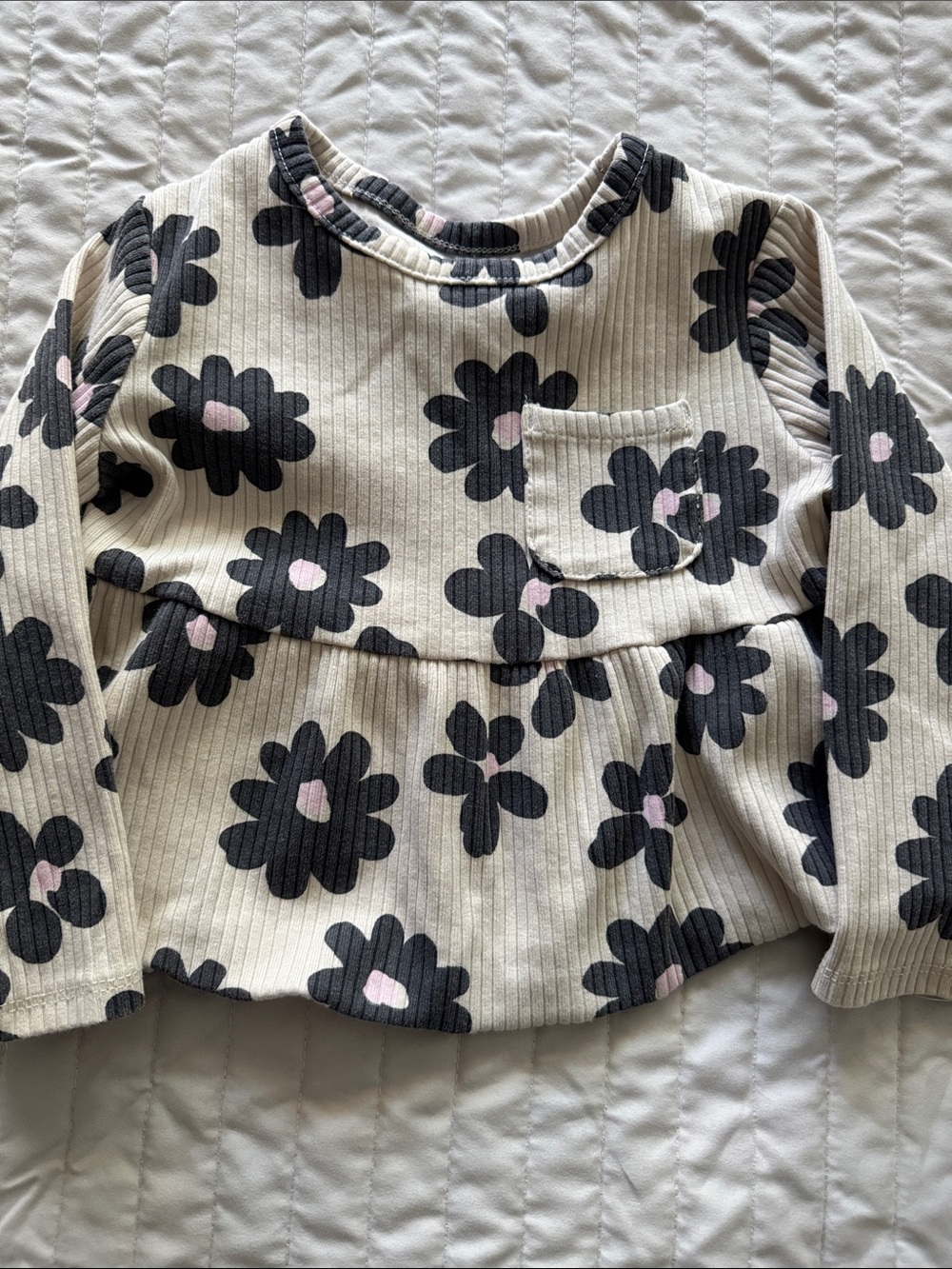 George Cream Floral Ribbed Long Sleeve Top with Black and Pink Flowers